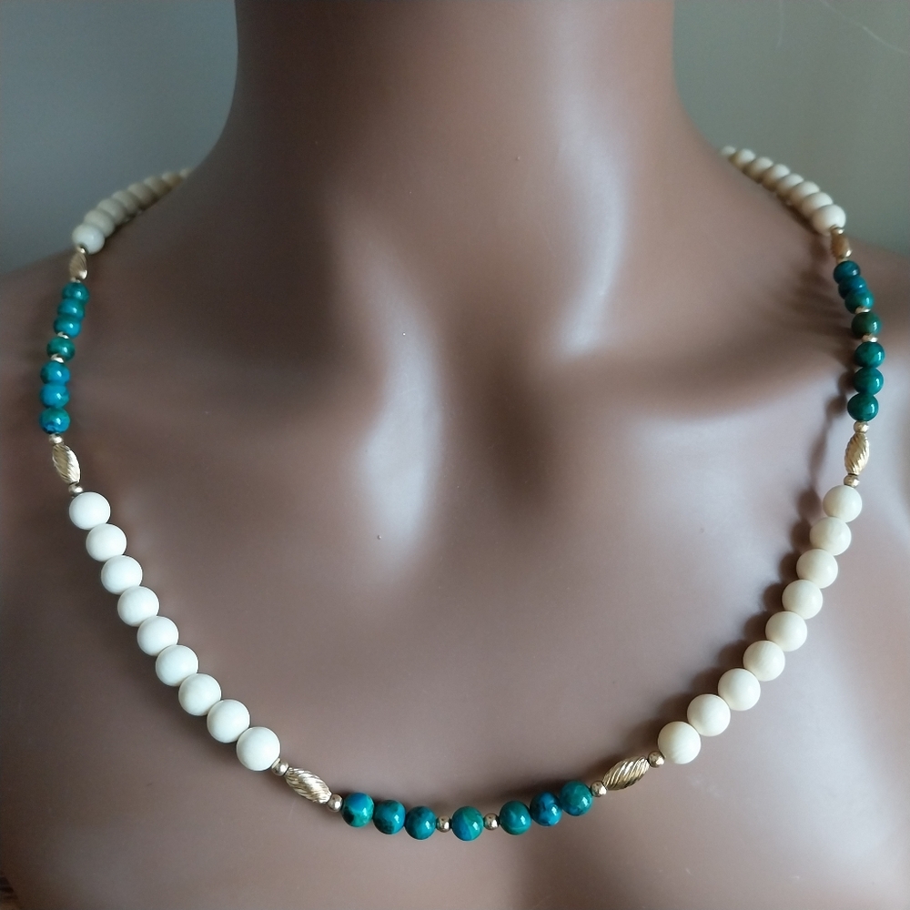 Vintage Cream and Teal Beaded Necklace Sterling Silver